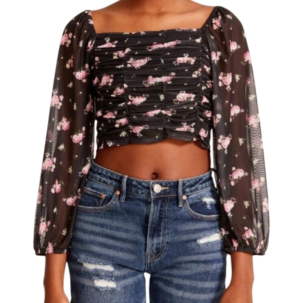 Madden Girl Floral-Print Peasant Top With Mask, Black Ruched Size XXL NWT